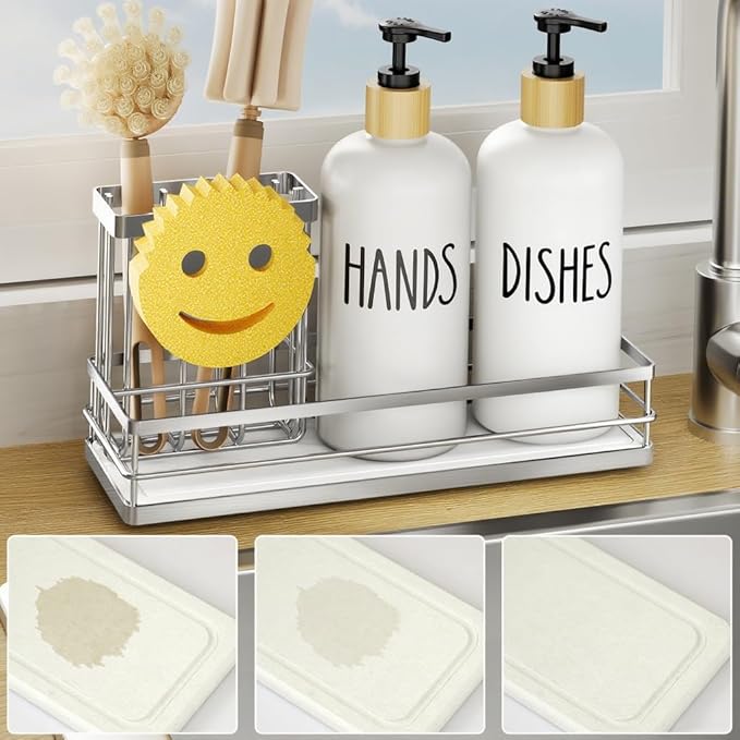 Moforoco Kitchen Dish Soap Dispenser Set, 16OZ Glass Bottle, Hand and Dish Soap Dispenser Set, Instant Dry Tray, Brush Holder with Smiley Face Sponge Holder (Silver Tray+White Bottle)
