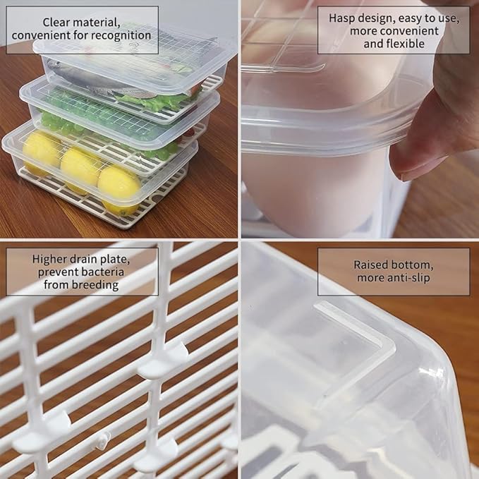77L Food Storage Container, (3-Pack) Plastic Food Containers with Removable Drain Plate and Lid, Stackable Portable Freezer Storage Containers - Tray to Keep Fruits, Vegetables, Meat and More