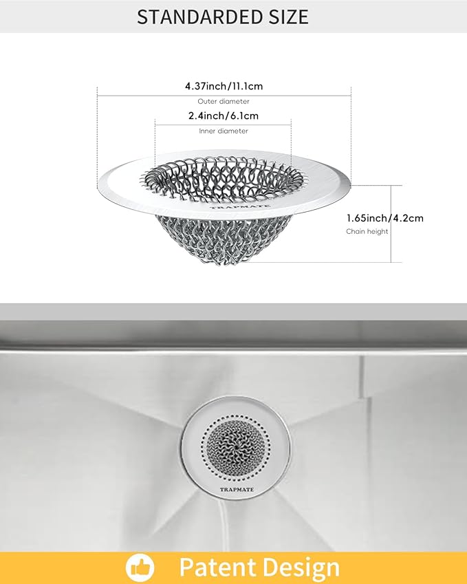 TRAPMATE Kitchen Sink Drain Strainer, Reversible Chain Mesh Sink Strainer, 304 Stainless Steel Anti-Clogging & Easy Clean Sink Strainer Basket, Fits US Standard Kitchen Sink Drains, Dishwasher Safe