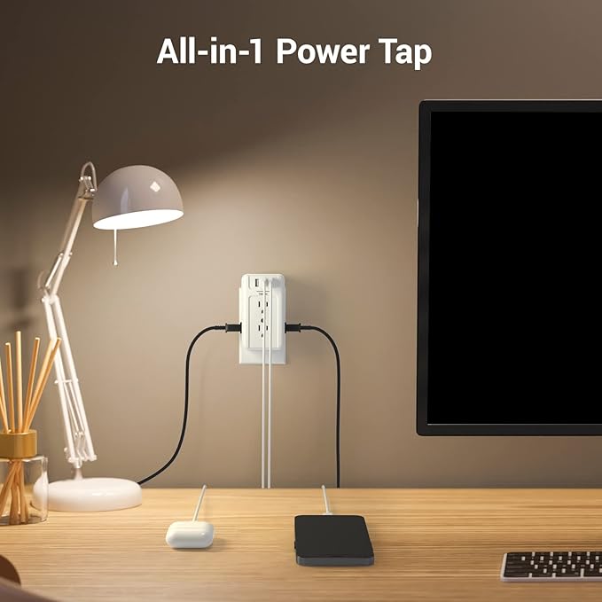 Clear Power Multi Plug Outlet Extender, 6-Outlet Splitter with 3 USB Ports (1x USB-C), 3-Sided Power Strip USB Wall Charger for Home & Office, White, DC3S-1006-DC
