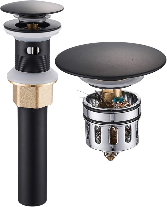 REGALMIX Vessel Sink Drain, Bathroom Faucet Vessel Sink Pop Up Drain Stopper, Built-in Anti-Clogging Strainer, with Overflow Matt Black, Fits Standard American Drain Hole(1-1/2" to 1-3/4") RWF083P