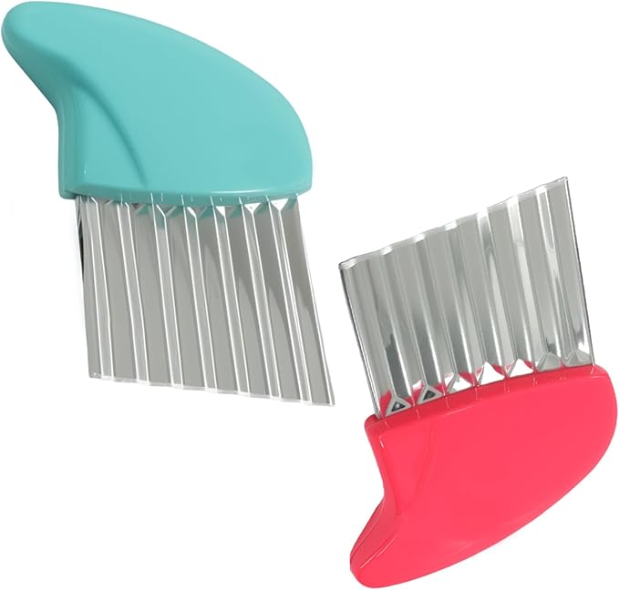 2 Pack Crinkle Cutter Stainless Steel Wavy French Fry & Vegetable Slicer for Potatoes, Carrots, Cheese, Multi-Color (Pink & Blue)
