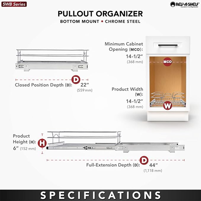 Rev-A-Shelf Steel Wire Pullout Drawer Organizer Shelf for Kitchen Cabinets, Slide Out Storage Basket, Min Opening Width of 14.5", 15" x 22", 5WB1-1522CR-1
