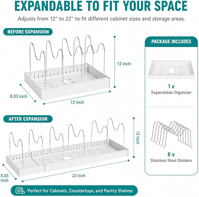 Pot Rack:Expandable Pan Organizer for Cabinet,Pot Lid Holder with 6 Adjustable Compartment for Kitchen Cabinet Cookware Baking Frying Rack,Apricot