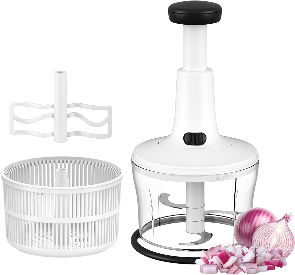 Manual Hand Push Food Chopper with Egg Whisk & Salad Spinner