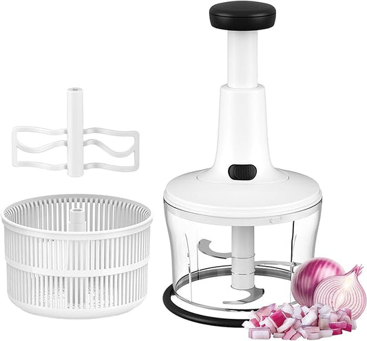 Manual Hand Push Food Chopper, Vegetable Dicer Mincer with Container, Egg Whisk & Salad Spinner for Salsa, Salad, Pesto, Hummus