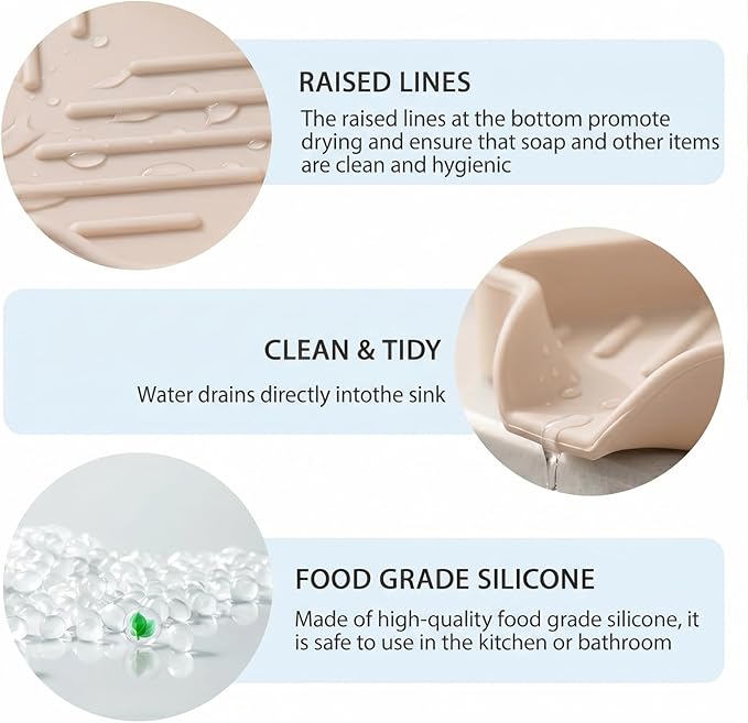 MicoYang Silicone Soap Dish with Drain Spout, Self-Draining Sink Organizer Tray for Bathroom and Kitchen, Sponges, Dispensers and Soap Holder, Non-Slip & Dishwasher Safe, Tapioca (Compact, 4.9"×3.2")