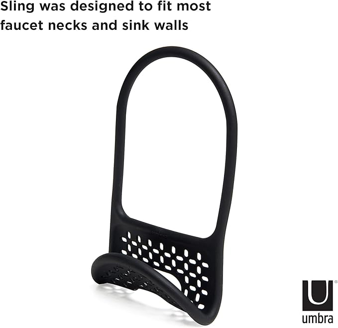 Umbra Sling Sponge Holder for Kitchen Sink – No Suction Cups, Flexible Caddy for Sinks and Faucets, Modern Design, Black