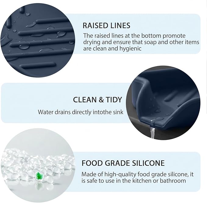 MicoYang Silicone Soap Dish with Drain Spout, Self-Draining Sink Organizer Tray for Bathroom and Kitchen, Sponges, Dispensers & Soap Holder, Non-Slip & Dishwasher Safe, Navy Blue (Compact, 4.9"×3.2")