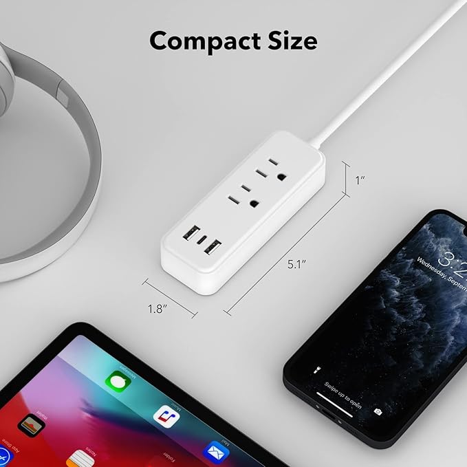 Clear Power 2Pack (Wall-Tap & Power Strip) with 6ft Power Cord, Compact Charging Hub with 2-Port USB-A & 1-Port USB-C Chargers, 3-Prong, for Home, Office, Hotel, DC3S-1122-DC