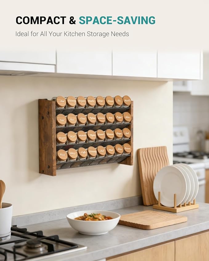 NESAPTO Spice Rack Organizer for Cabinet, Wood 4-Tier Vertical Seasoning Organizer, Wall Mount or Countertop Spice Shelf, Holds 32 Jars (No Jars Included), 15.7" W x 9.4" H