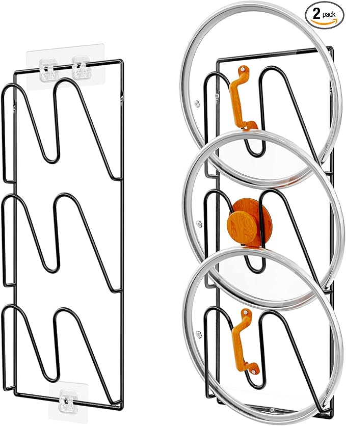 Durmmur 2 Pack Pot Lid Organizer Rack, 6-Tier Pot Lids Holder for Cabinet Door/Wall, No Drilling Adhesive Wall/Door Mounted Rustproof Pot and Pan Cover for Kitchen Storage, Classic Black