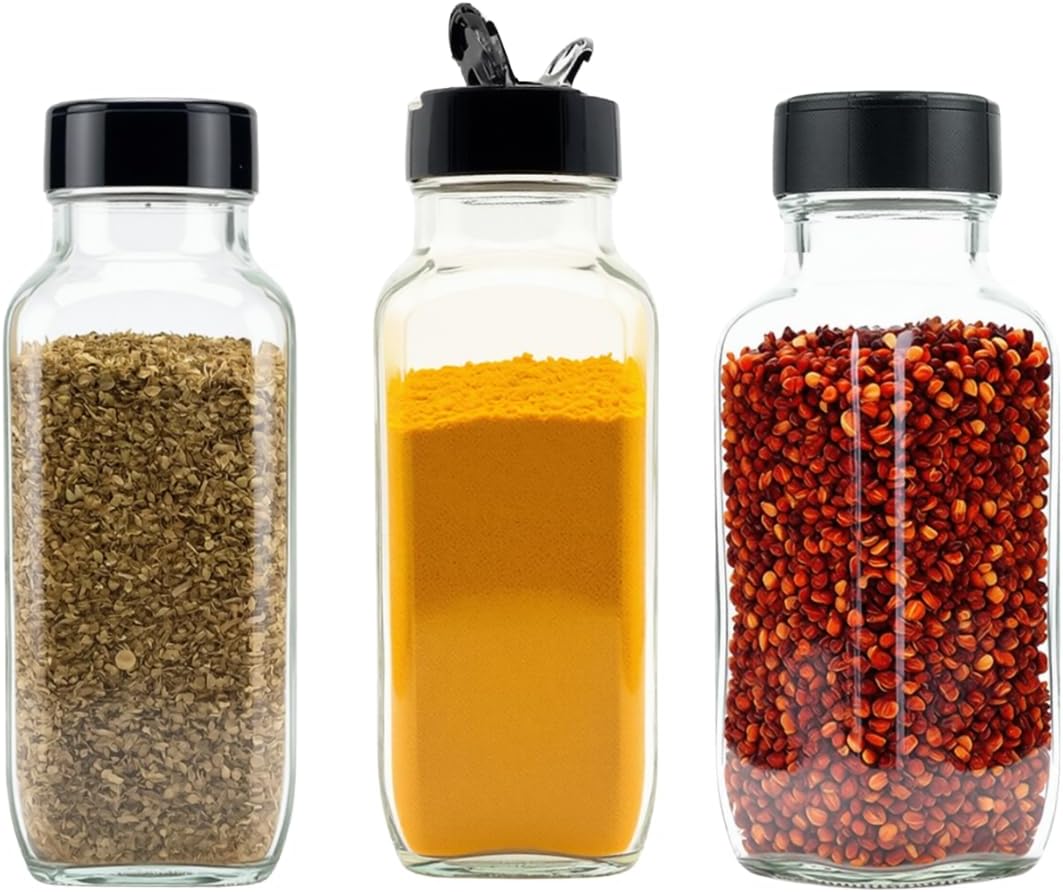 Glass Spice Jars with Shaker Lids - Spice Jars 16 oz for Food Storage, Spice Containers for Kitchen Organization and Storage, Bottles for Spices (Black - 16 Ounce 3 pack)