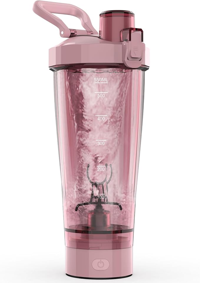 Electric Shaker Bottle, 20 oz Rechargeable Shaker Cup for Protein Mixes and Pre Workout, Portable Gym Protein Blender for Meal Replacement Shakes | Leak-Proof w/Handle | BPA Free (Pink)