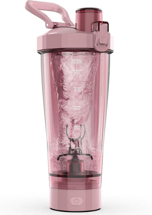 Electric Shaker Bottle, 20 oz Rechargeable Shaker Cup for Protein Mixes and Pre Workout, Portable Gym Protein Blender for Meal Replacement Shakes | Leak-Proof w/Handle | BPA Free (Pink)