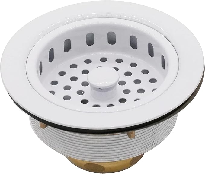 Westbrass A2165-50 4-1/4" OD Post Style Large Kitchen Basket Strainer with Waste Disposal Flange and Stopper Drain Set, Powder Coat White