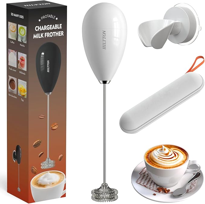 Hiltton Rechargeable Milk Frother with Stand & Travel Pouch – Portable Electric Handheld Frother, Stainless Steel Waterproof Detachable Whisk, Drink Mixer for Lattes, Cappuccinos & More (White)