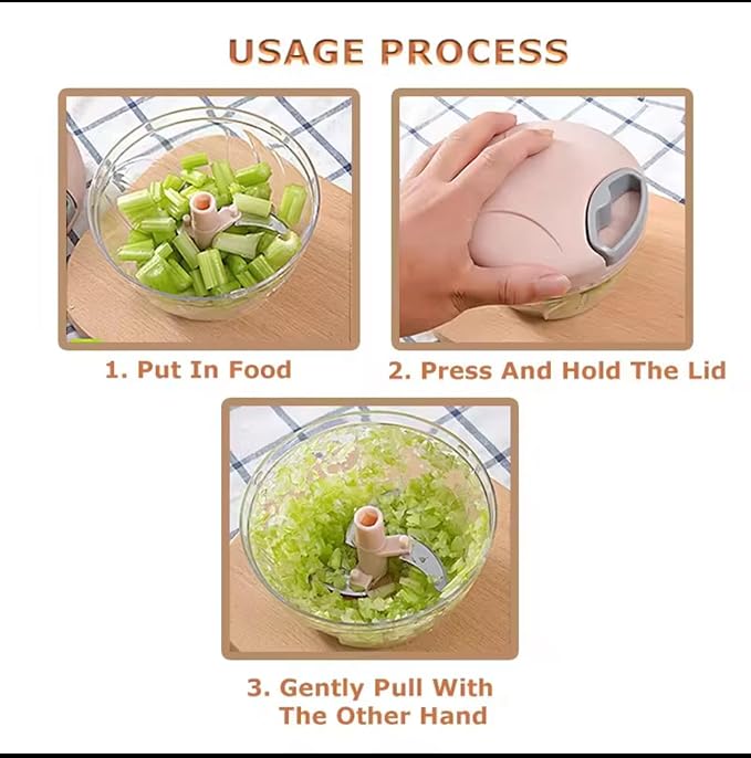 Manual Hand -Powered Food Chopper with Pull-Cord Mechanism – Compact Vegetable Cutter, Dicer & Mincer with Stainless Steel Blades – Ideal for Onions, Garlic, Herbs, Nuts & More – (GREY)