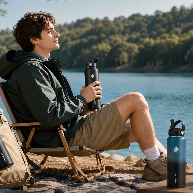 Insulated Water Bottle 24 OZ, Wide Mouth 24 oz Water Bottle with Straw Lid, Spout Lid, Double Wall Vacuum Stainless Steel Leak Proof, Keeps Liquids Hot or Cold (Black)