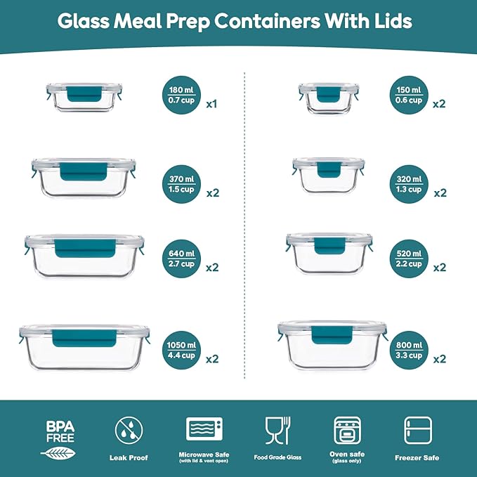GENICOOK Glass Meal Prep Containers Set, 15 Pack Airtight Food Storage Containers with Locking Lids, Borosilicate Glass Lunch Containers BPA-Free for Healthy Eating, Microwave Oven Dishwasher Safe
