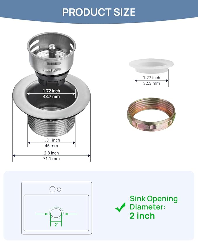 2" Stainless Steel RV Sink Drain Strainer Basket, Prep Bar Sink Drain Assembly, Small Drain Fits 2-Inch Openings