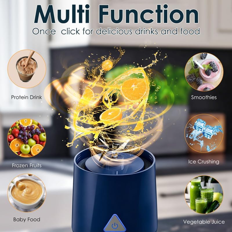 Personal Blender Wireless 24oz Cordless Mini 360 Watt Portable Blender-for Smoothies Freshly Squeezed Juices 6000mAh Self Cleaning and BPA Free Portable Juicer with 6 Sharp Blade Retro Blue - Image 4