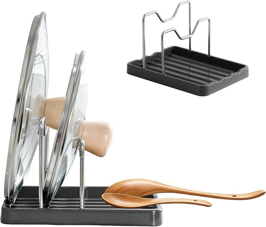 2 in 1 Pot Lid Holder & Spoon Rest for Kitchen Counter, Plastic Utensil Rest with Stainless Steel Pan Lid Holder Organizer While Cooking, Countertop Space Saving Pot Cover Rack | Easy to Clean