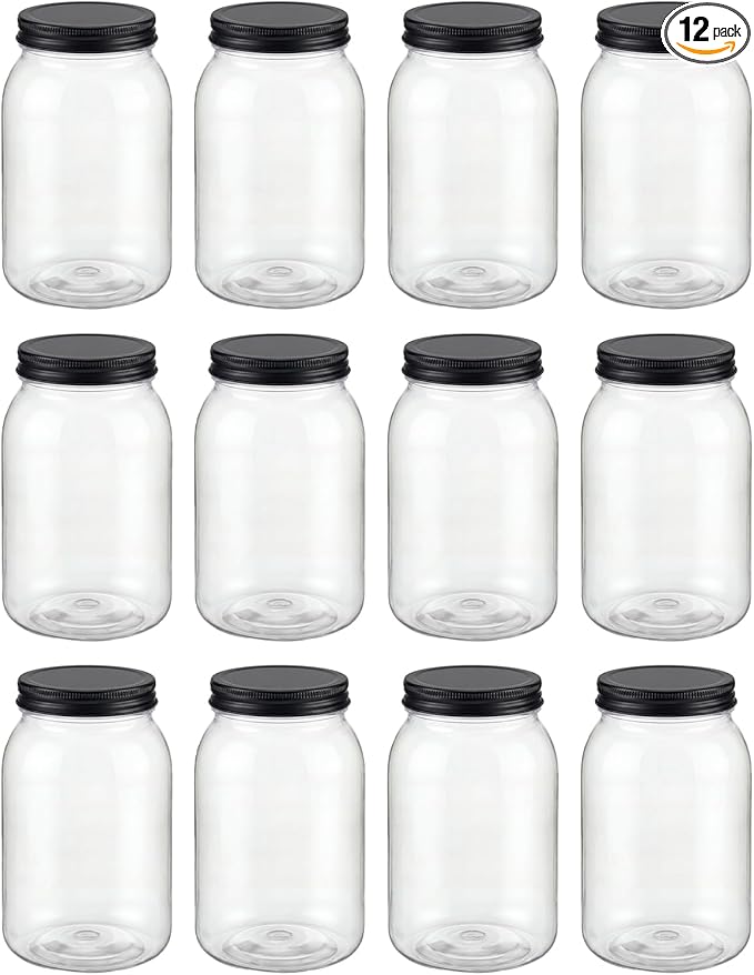 novelinks 32 oz Mason Jars with Plastic Lids, 12 Pack Large Plastic Salad Jars with Lids 32oz, Reusable Spice Containers & Kitchen Jars for Pantry Organization (12 Pack,Black)