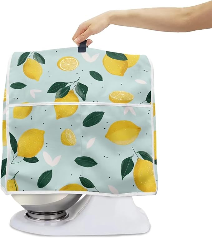 Summer Lemon Stand Mixer Cover for 4.5-5 Quart Liquid Splash-Proof Dust Protector with Top Handle & Storage Pocket Easy-Clean Anti Fingerprint Kitchen Counter Decor