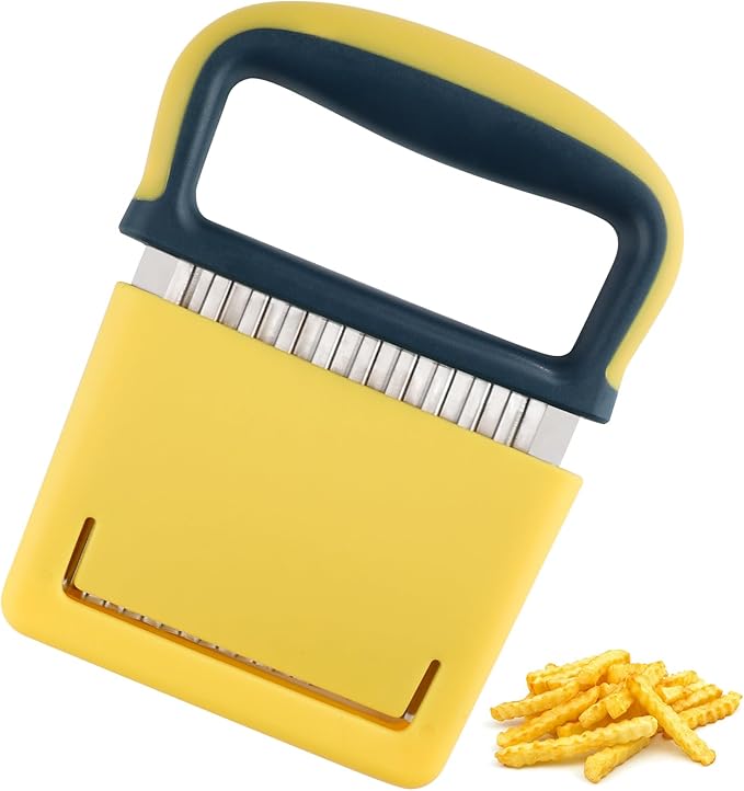 Crinkle Cutter, Stainless Steel Wave Cutter with Protective Case and Handle, Cutting Tool for Veggies, Carrot Slicer, French Fry Cutter, Onion Chopping Knife (Yellow)