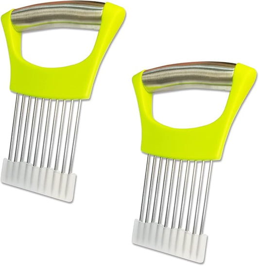 Onion Holder for Slicing - Multi-Purpose Kitchen Tool for Safe and Efficient Slicing of Onions, Tomatoes, Potatoes, Apples, and More | Stainless Steel Vegetable Cutter & Meat Tenderizer 2 PCS