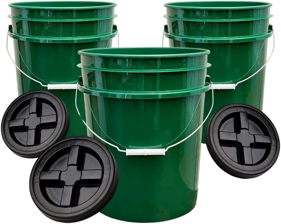 5 Gallon Buckets pails with Screw on Airtight Black Lids - Food Grade - BPA Free -(Pack of 3) Made in USA