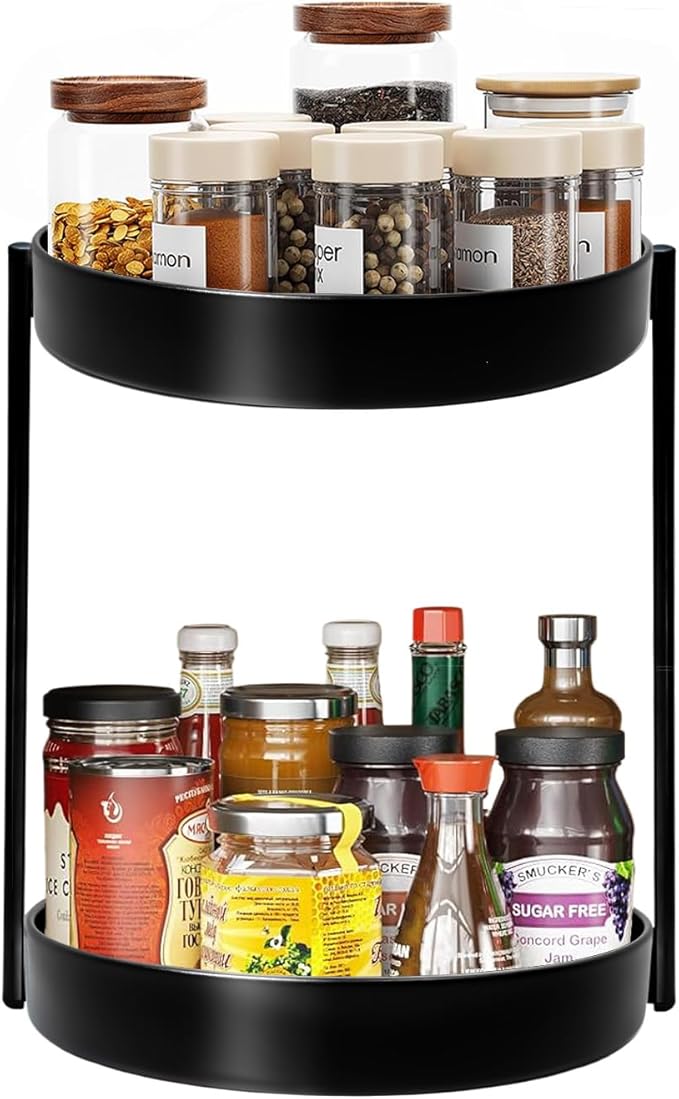 2 Tier Metal Lazy Susan Organizer, 12 Inch Rotating Turntable Double Lazy Susans for Cabinet Kitchen Bathroom, Anti-Rust Two Tiered Spinner Tray Carousel Organizer for Spice Rack Countertop Black
