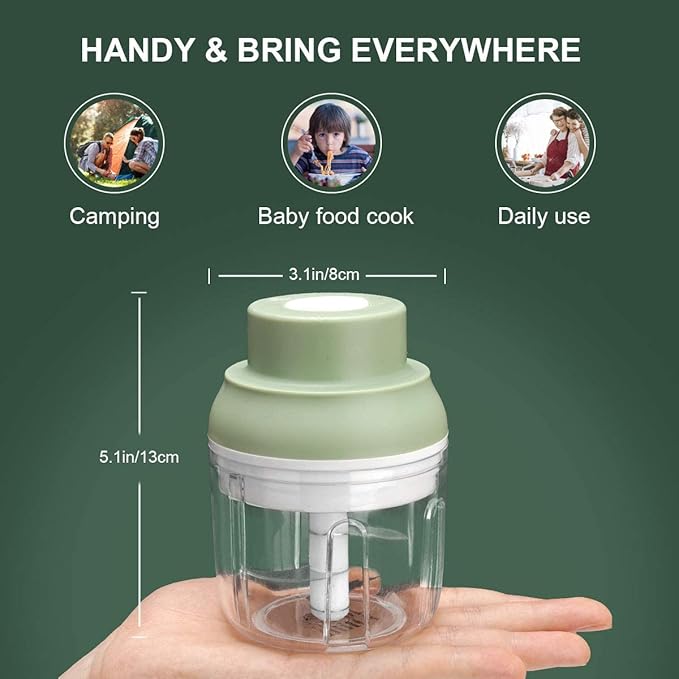Electric Garlic Chopper Mini, Garlic Masher Mincer Crusher Pepper Chili Nuts Meat Grinder, Food Processor Small with Garlic Peeler And Spoon, 250ML/8.5FL OZ, Green