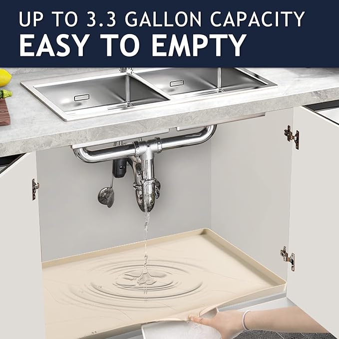 Heavy Duty Silicone Under Sink Mats for Kitchen Waterproof 25" x 22", Extra Thick Under Sink Rubber Mat Drip Tray, Raised Edge Under Sink Liner,Prevent Drips, Leaks, Spills,Taupe