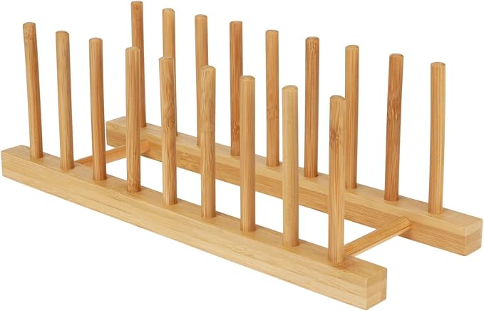 Bamboo Dish Drying Rack Kitchen Cabinet Organizer, Plate Pot Lid Organizer, Wooden Drying Rack Stand Drainer for Dish, Pots, Lids, Bowls, Cups, and Cutting Boards and Books (1PCS)