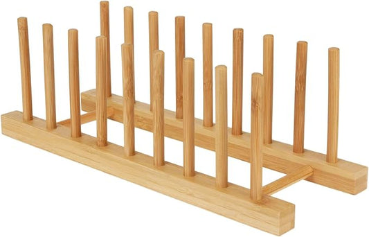 Bamboo Dish Drying Rack Kitchen Cabinet Organizer, Plate Pot Lid Organizer, 1PCS