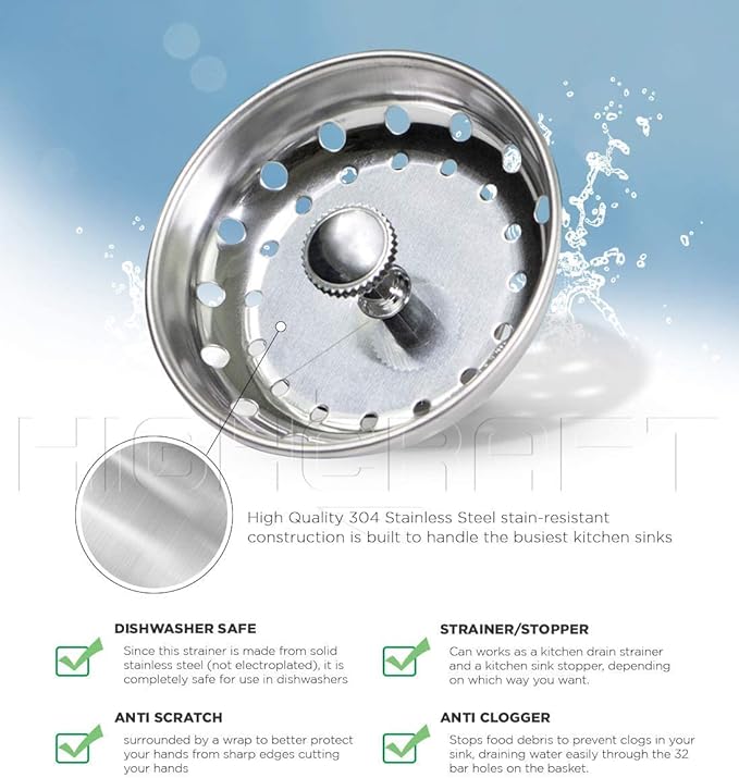 Highcraft FAUC97333-2 Kitchen Sink Basket Strainer Replacement for Standard Drains (3-1/2 Inch) Chrome Plated Stainless Steel Body With Rubber Stopper, Pack Of 2