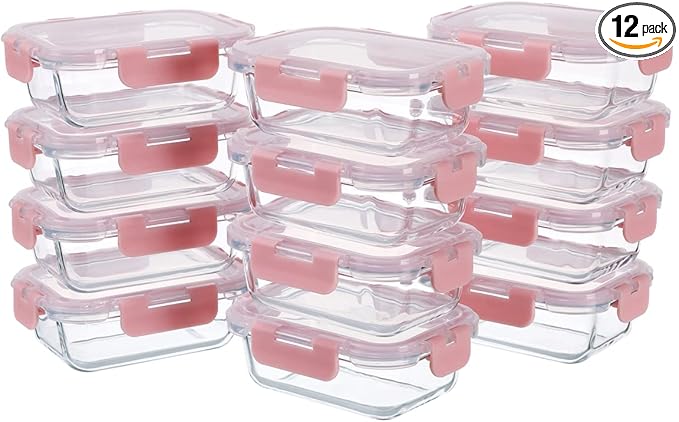GULFLIN Small Glass Food Storage Containers 12 Pack-12oz Glass Containers with Lids for Meal Prep, Food Storage, Freezer to Microwave Safe, Air-Tight, Leak-Proof, Pink Set