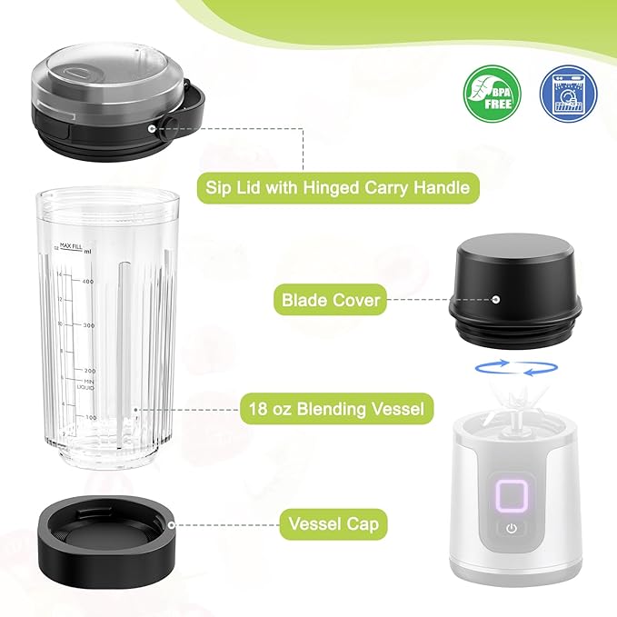 18 oz Vessel Cup Compatible with Ninja Blast Portable Blender, Accessories Sip Lid with Carry Handle, Bottom Cap and Blade Cover Fits for BC150/ BC100 Series Blender (Black)