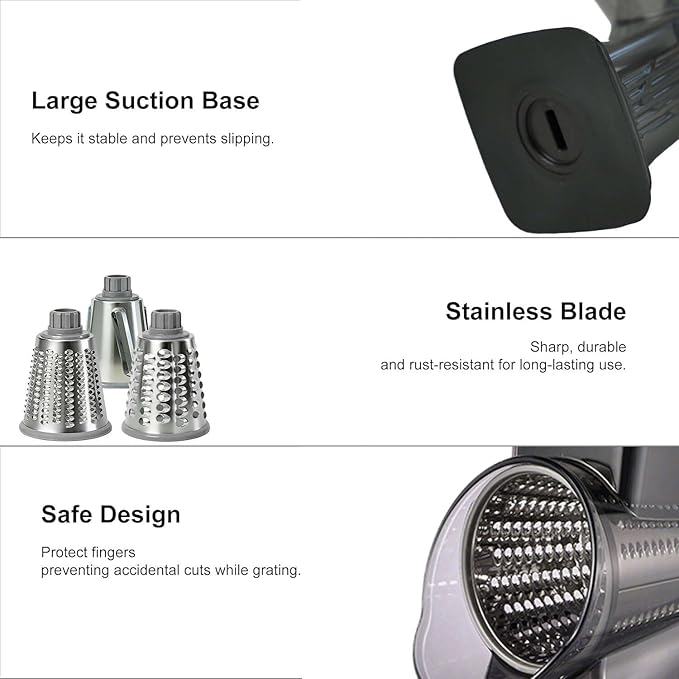 3-in-1 Manual Rotary Cheese Grater & Vegetable Slicer, Round Mandoline Food Chopper with 3 Interchangeable Blades, Strong Suction Base Hand Crank Grater for Cheese, Potato, Nuts & Veggies