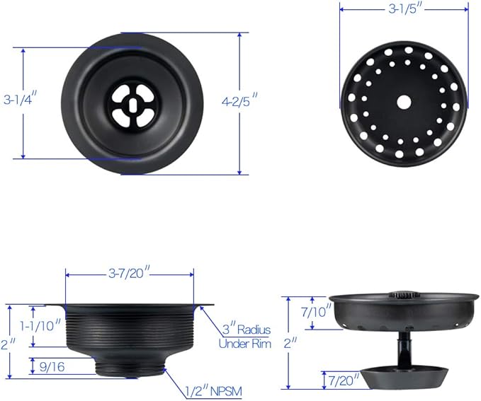 Uni-Green Matte Black Kitchen Sink Drain Kit for Standard 3-1/2 Inch Drain - Fit 1-1/2 inch Pipe - Stainless Steel Basket with Knob - Rubber Stopper Bottom - 3.5" Kitchen Sink Drain Replacement Kit