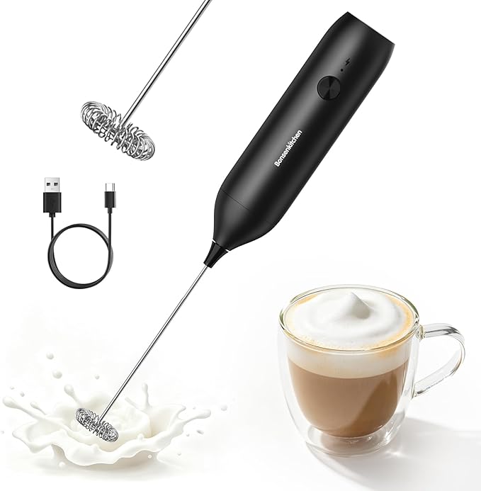 Bonsenkitchen Rechargeable Milk Frother Handheld, Electric Drink Mixer with Stainless Steel Whisk, Charging USB-C, Portable Foam Maker for Coffee Matcha Lattes Cappuccino, Kitchen Gifts
