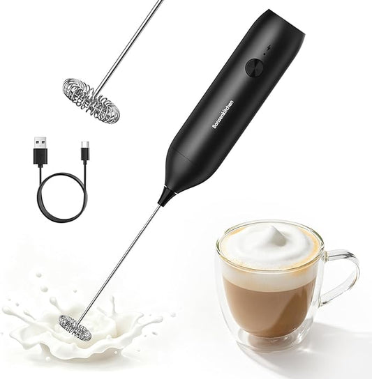 Bonsenkitchen Rechargeable Milk Frother Handheld, Electric Drink Mixer with Stainless Steel Whisk, Charging USB-C, Portable Foam Maker for Coffee Matcha Lattes Cappuccino, Kitchen Gifts