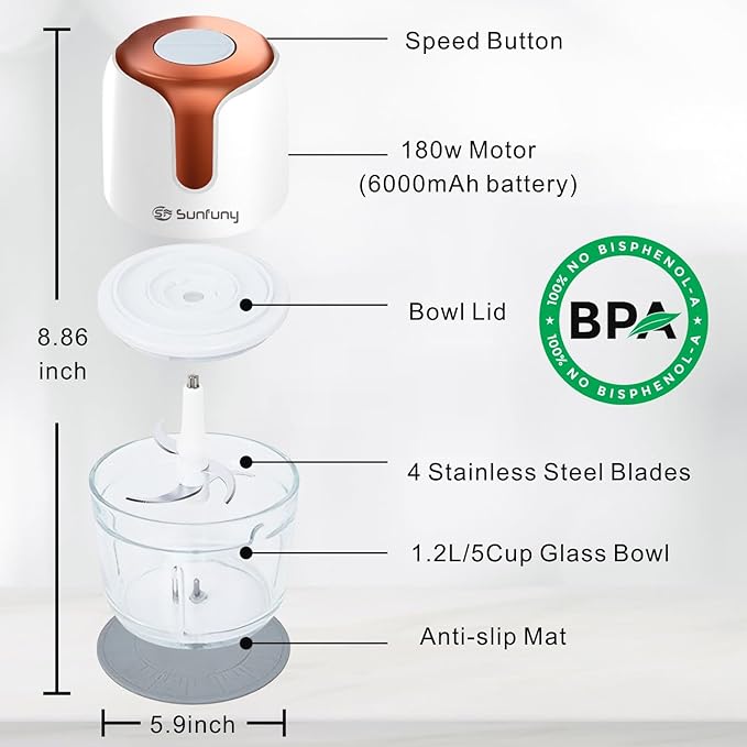 Sunfuny Cordless Food Processor, Mini Food Chopper Wireless with 5-Cup Glass Bowl, 6000mAh Battery USB-C Rechargeable Vegetable Chopper, Electric Meat Blender Garlic Grinder Kitchen Mixer (Rose Gold)