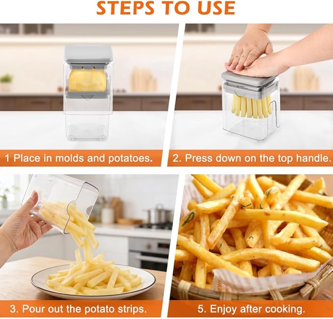 4-in-1 French Fry Cutter, Manual Veggie Chopper Potato Cutter Fruit Slicer with 3 Blades & 1 Juicing Mold, Multi-Function Fry Cutter Dicer Food Dicer for Fries Potato Onion(COLOR:Grey)