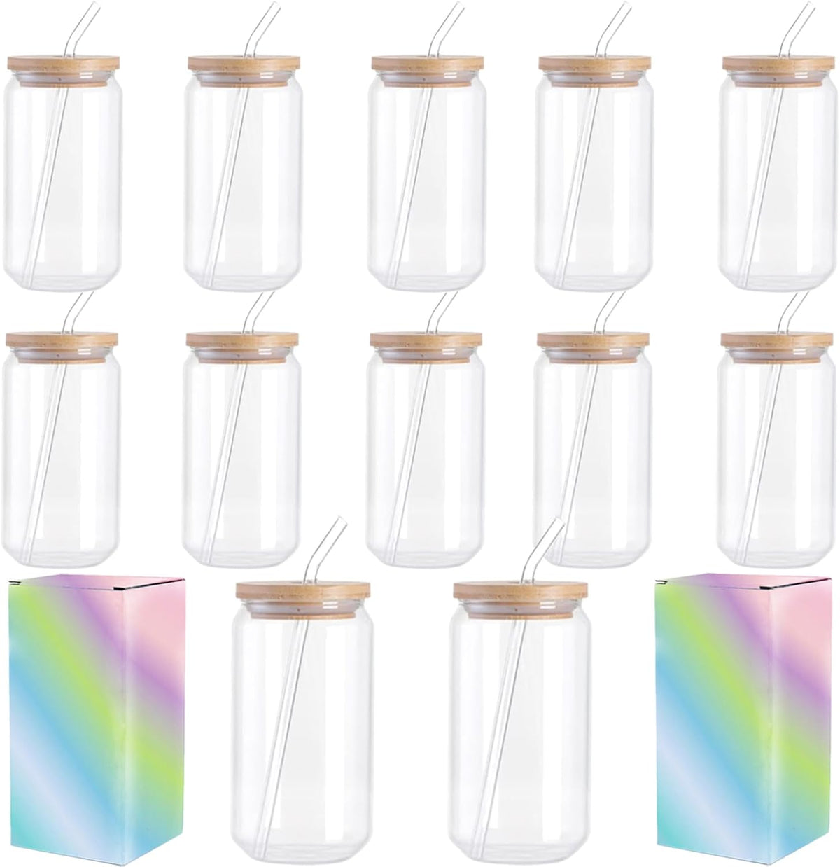 Sublimation Glass Blanks, Sublimation Clear Glass Tumbler 16OZ, Beer Can Glass, FrostedCups With Bamboo Lids And Straws 12Pack