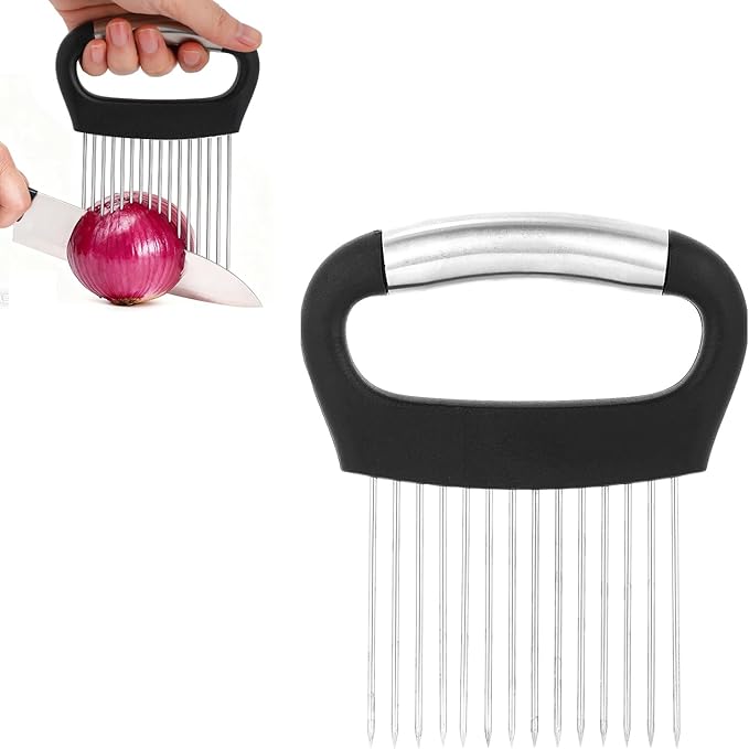 Extra-Large Onion Holder for Slicing, Stainless Steel Food Slicer Guide with 14 Long Needles Multi-Functional Home Kitchen Tool for Potato Tomato Onion Meat