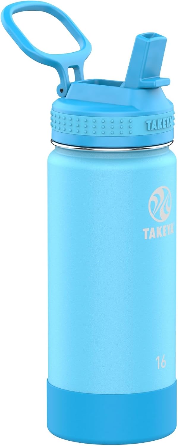Actives Kids Water Bottle 16 oz Stainless Steel Double Wall Insulation BPA-Free Leakproof Straw Lid Easy Carry Handle Reusable Ideal for Boys and Girls, School, Sports - Sail Blue / Atlantic
