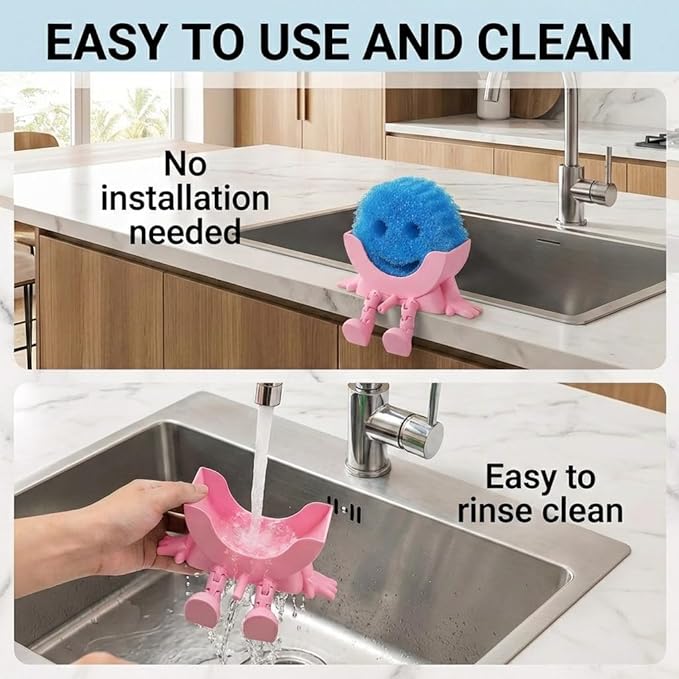 Creative Hanging Sponge Holder with Drainage/Traceless Glue, 3D Printing Countertop Funny Sponge Holders for Kitchen Sink, Keeps Your Sponge Dry & Smiling, for Scrub Daddy Holder (1, Pink)
